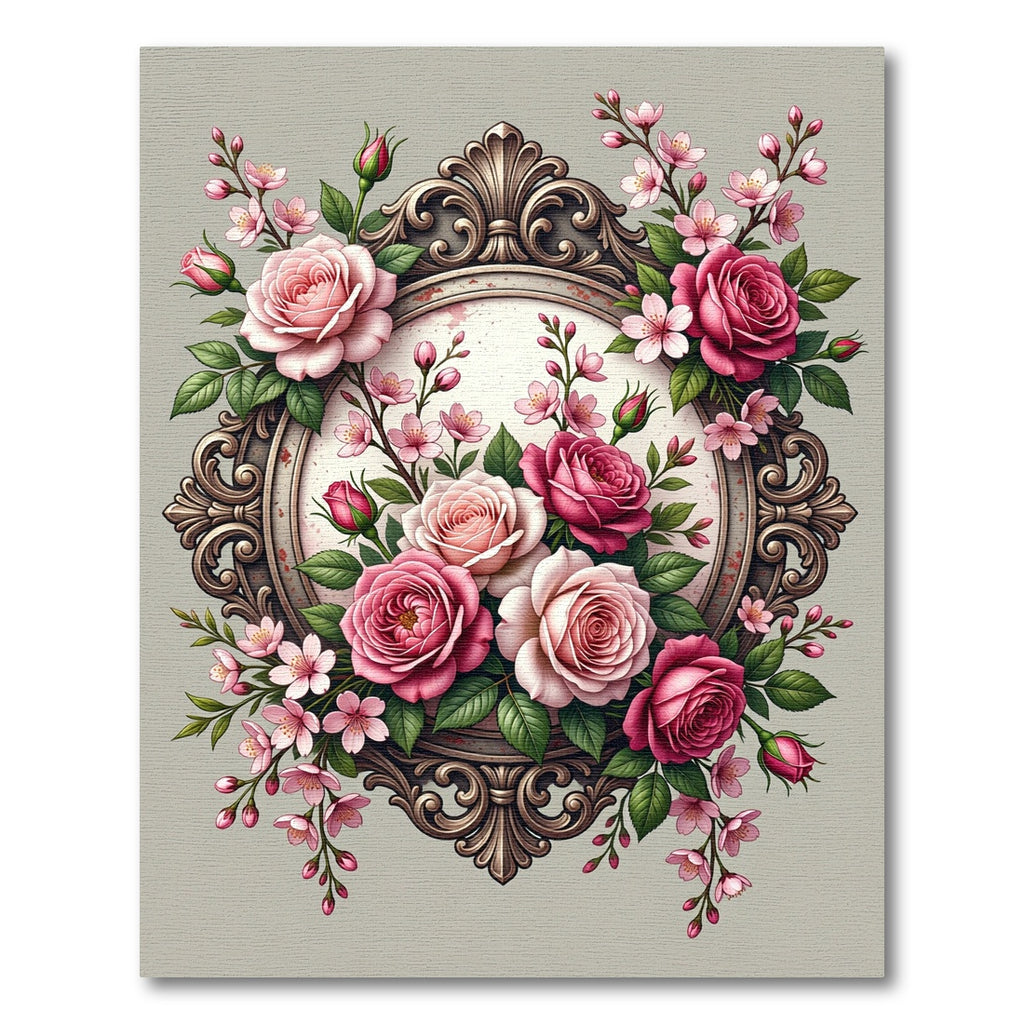 Romantic Pink Rose Victorian Floral Frame Rug
