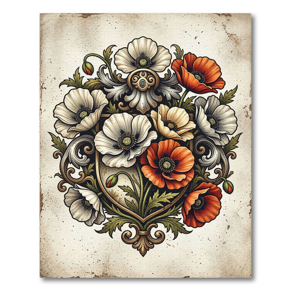 Victorian Poppy Floral Crest Emblem Rug