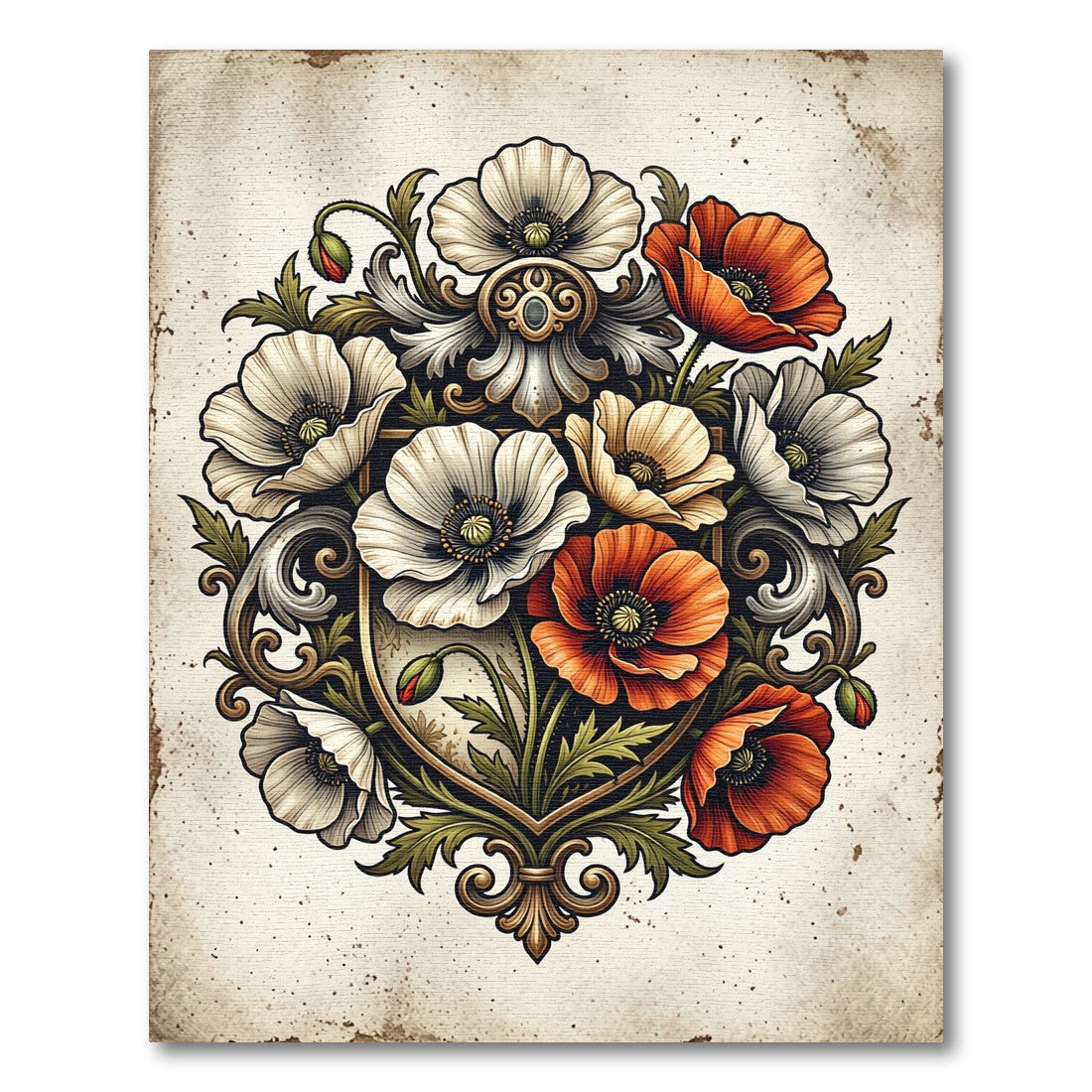 Victorian Poppy Floral Crest Emblem Rug