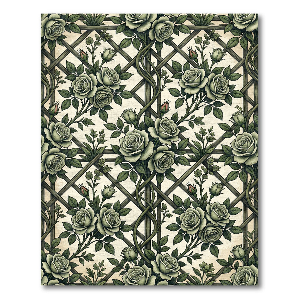 Sage Green Rose Lattice Floral Trellis Rug