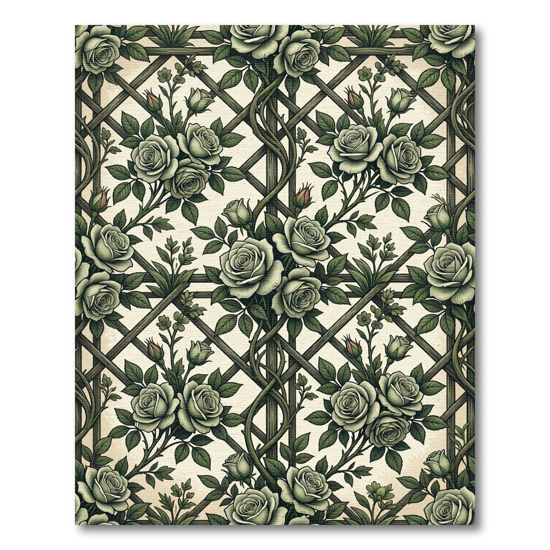 Sage Green Rose Lattice Floral Trellis Rug