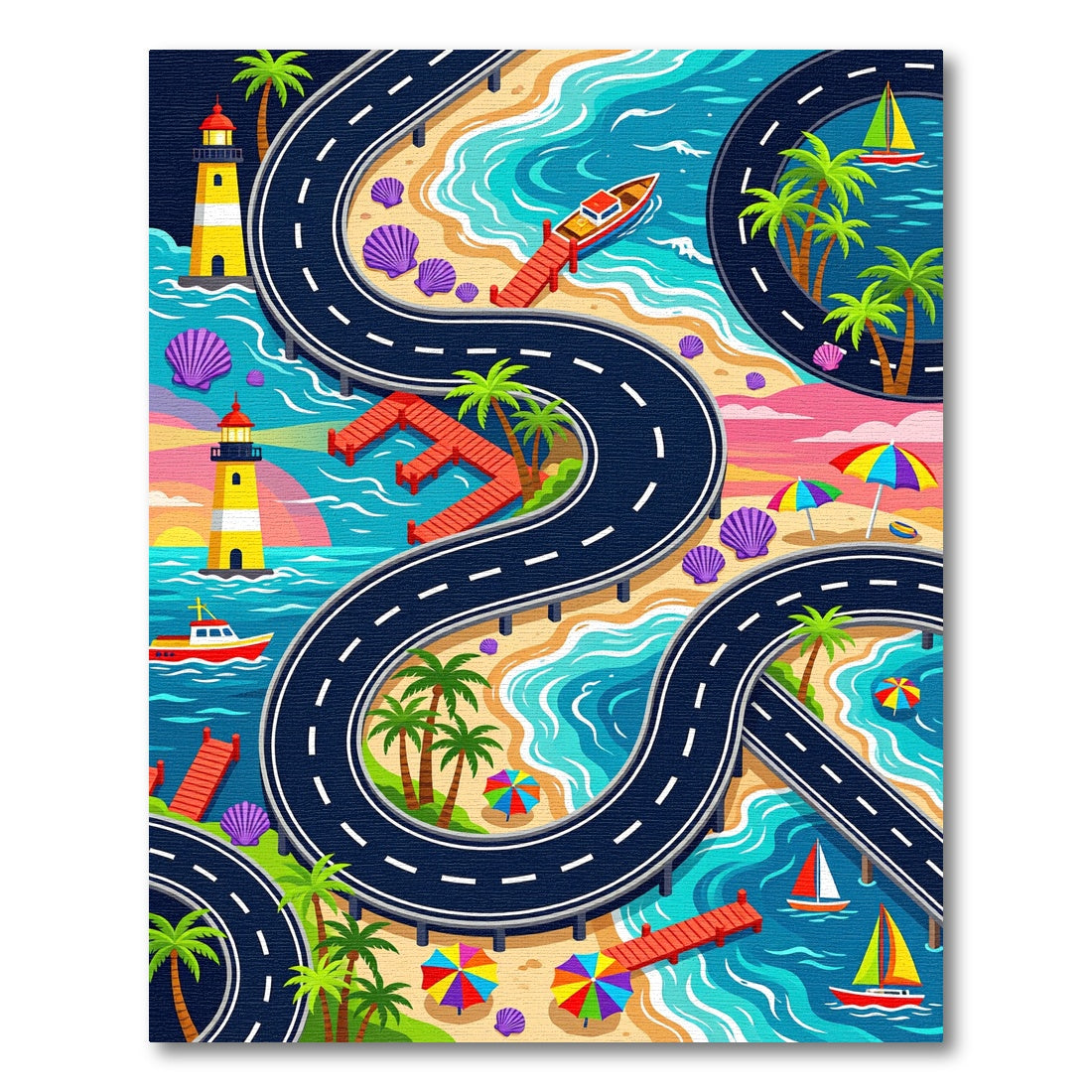 Vibrant Tropical Coastal Lighthouse Roadway Rug