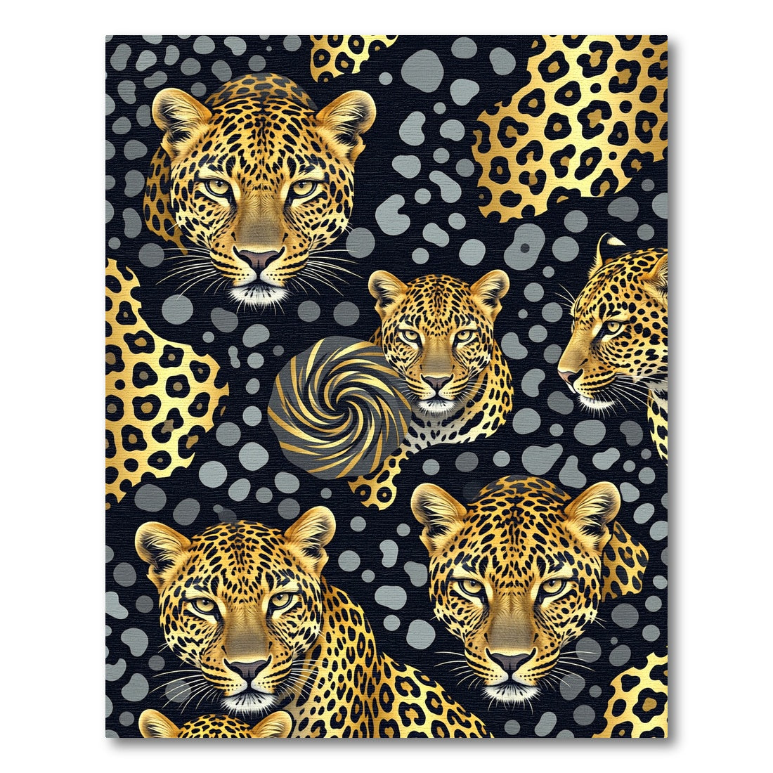 Golden Leopard Portraits with Swirl Accent Rug