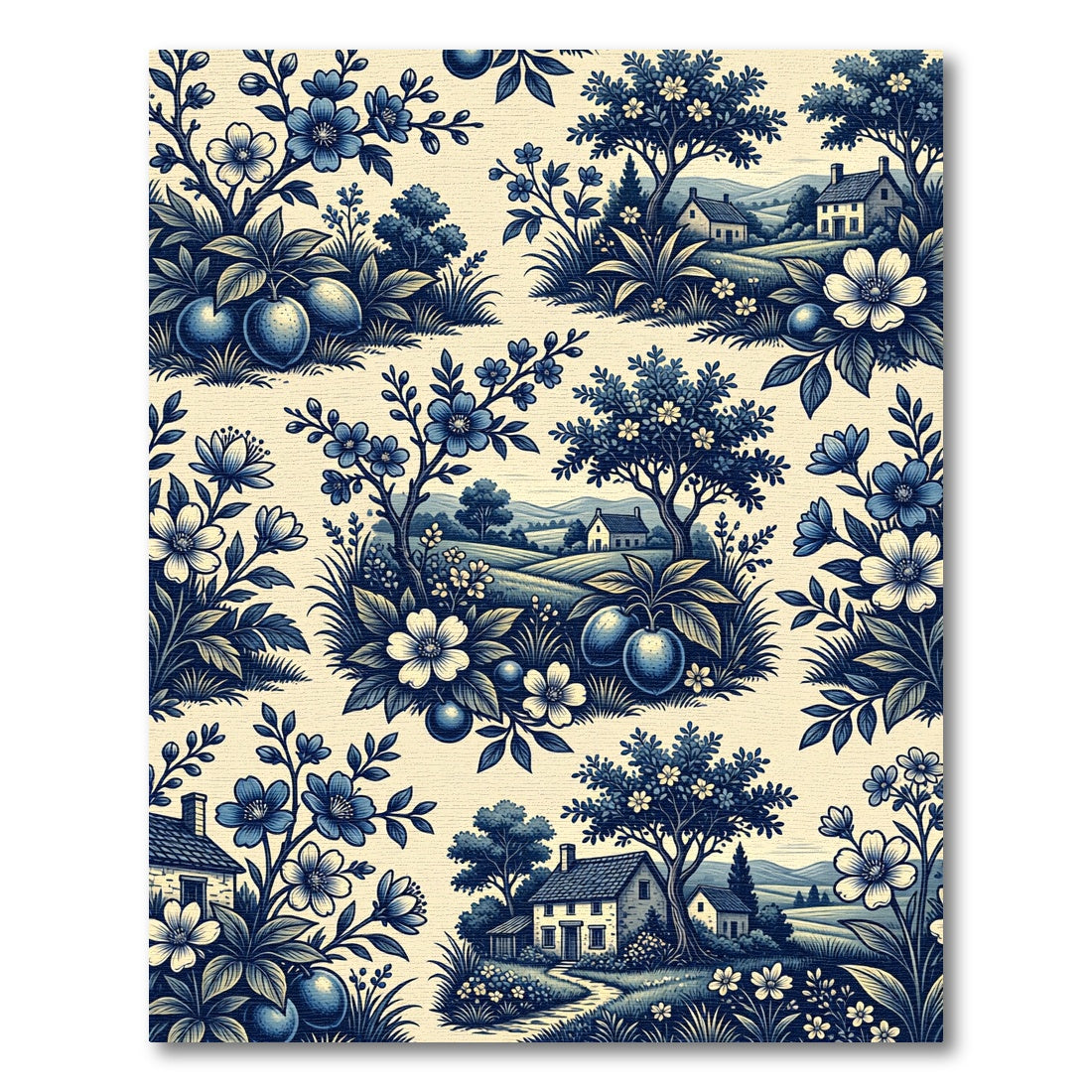 Blue Toile Countryside Landscape Floral Rug