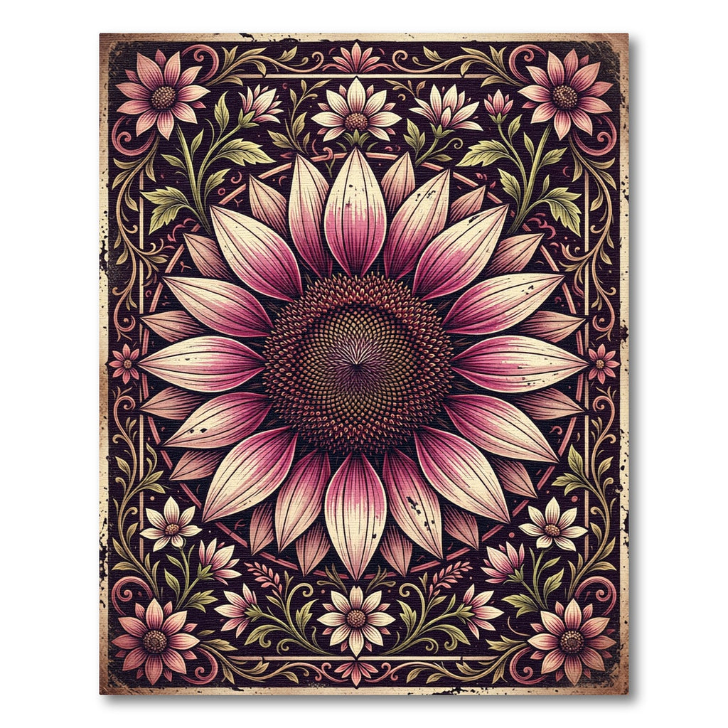 Vintage Pink Botanical Sunflower Medallion Rug