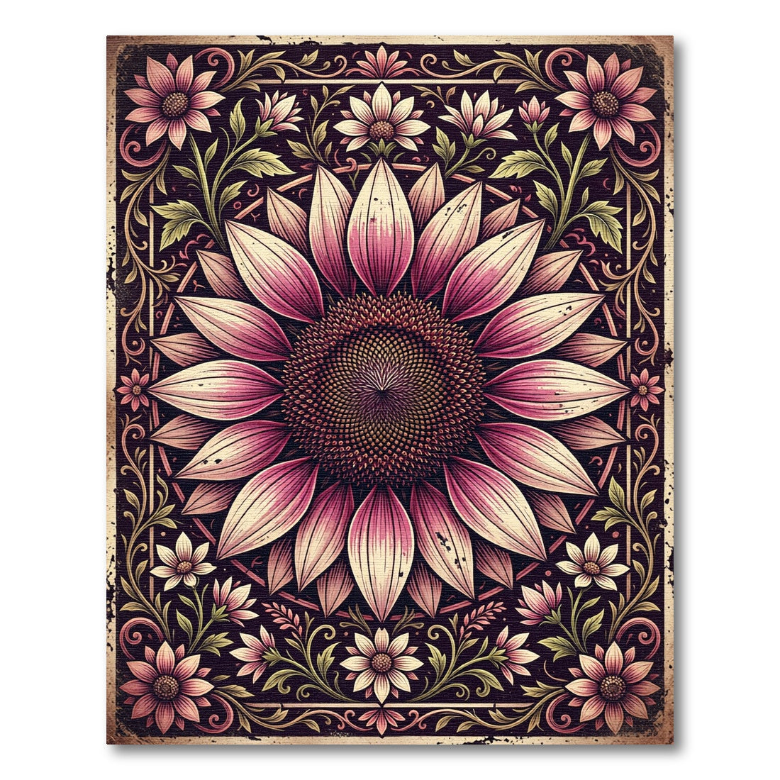Vintage Pink Botanical Sunflower Medallion Rug