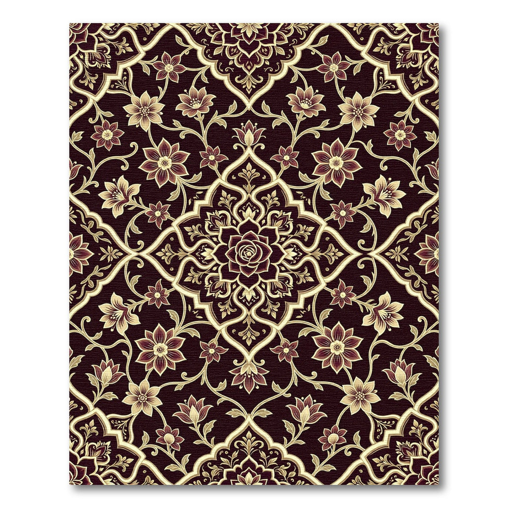 Elegant Floral Damask Ebony Gold Scroll Rug