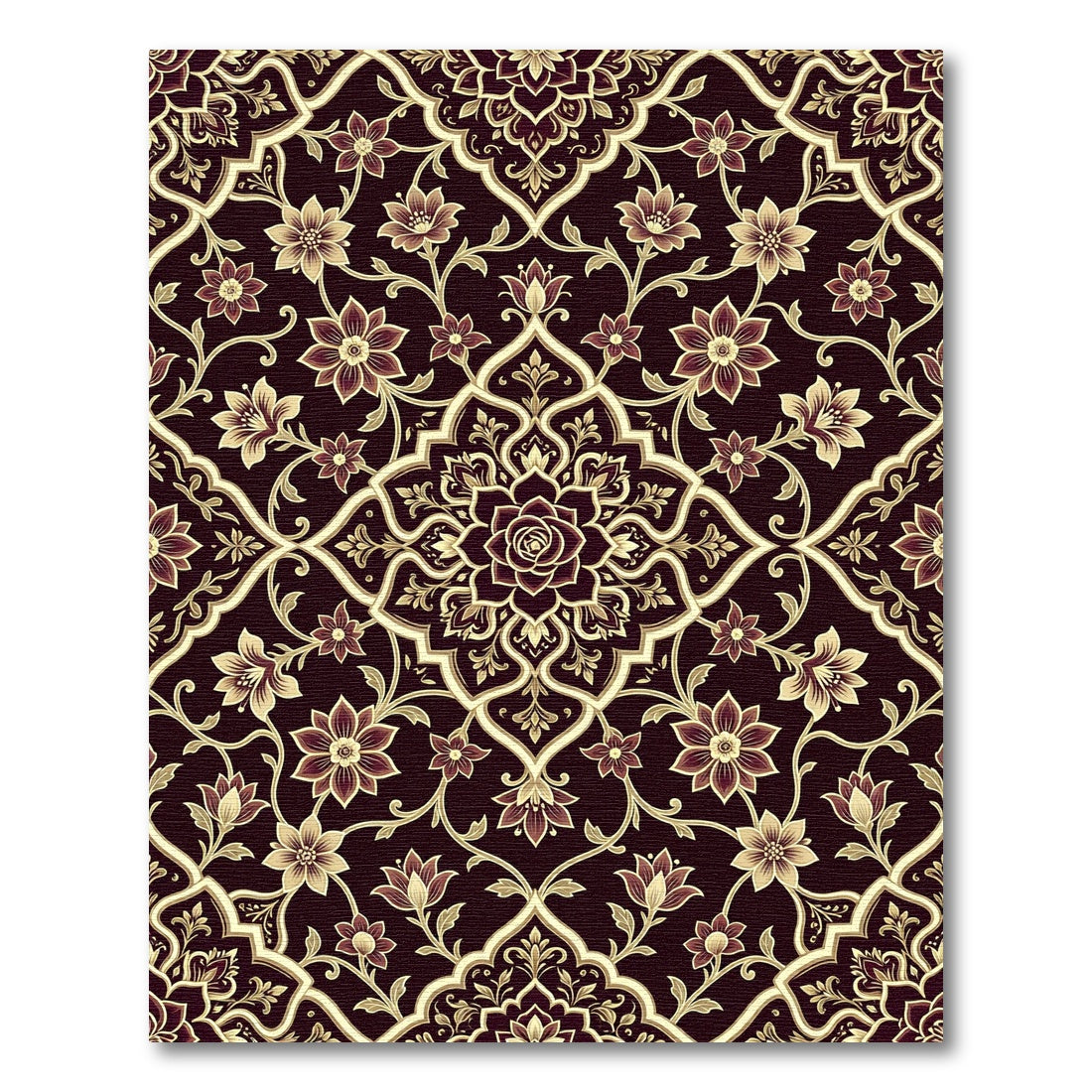Elegant Floral Damask Ebony Gold Scroll Rug