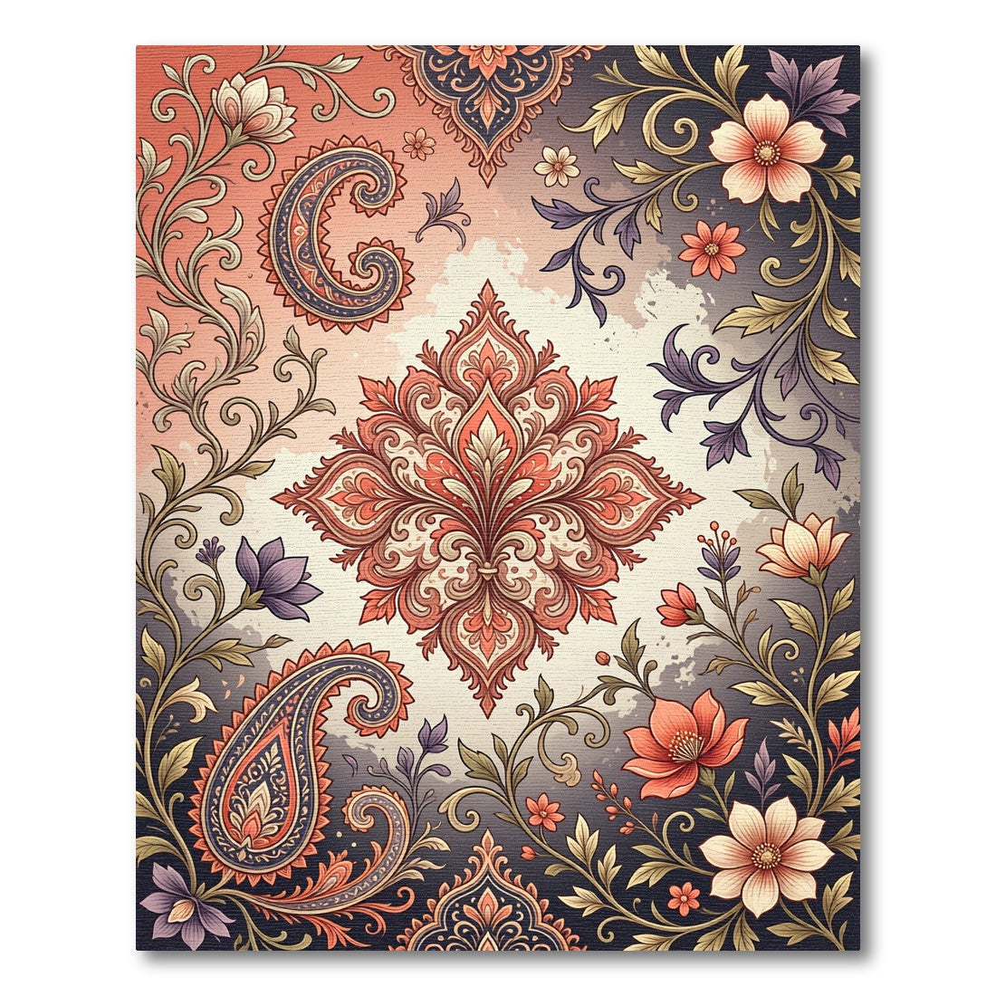 Ornate Red Coral Paisley Floral Rug
