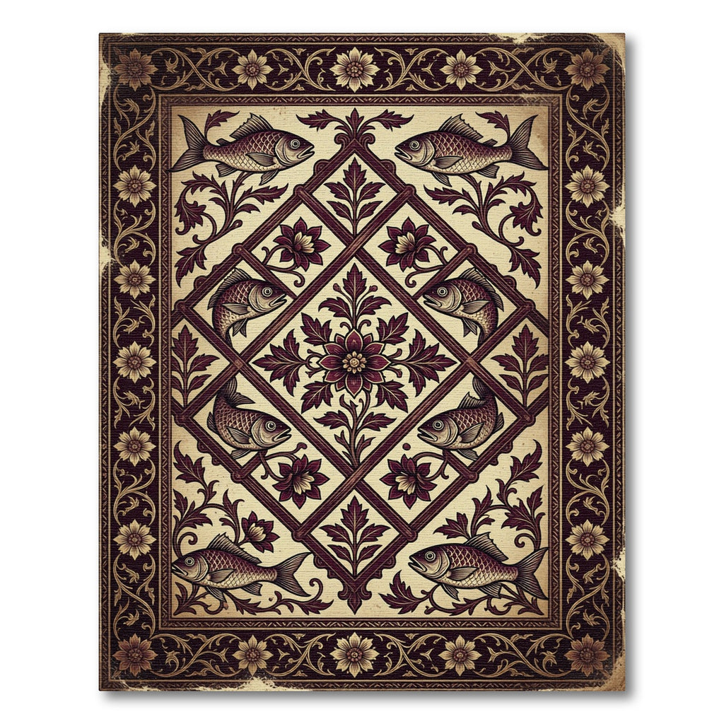 Antique Deep Burgundy Floral Fish Tile Rug