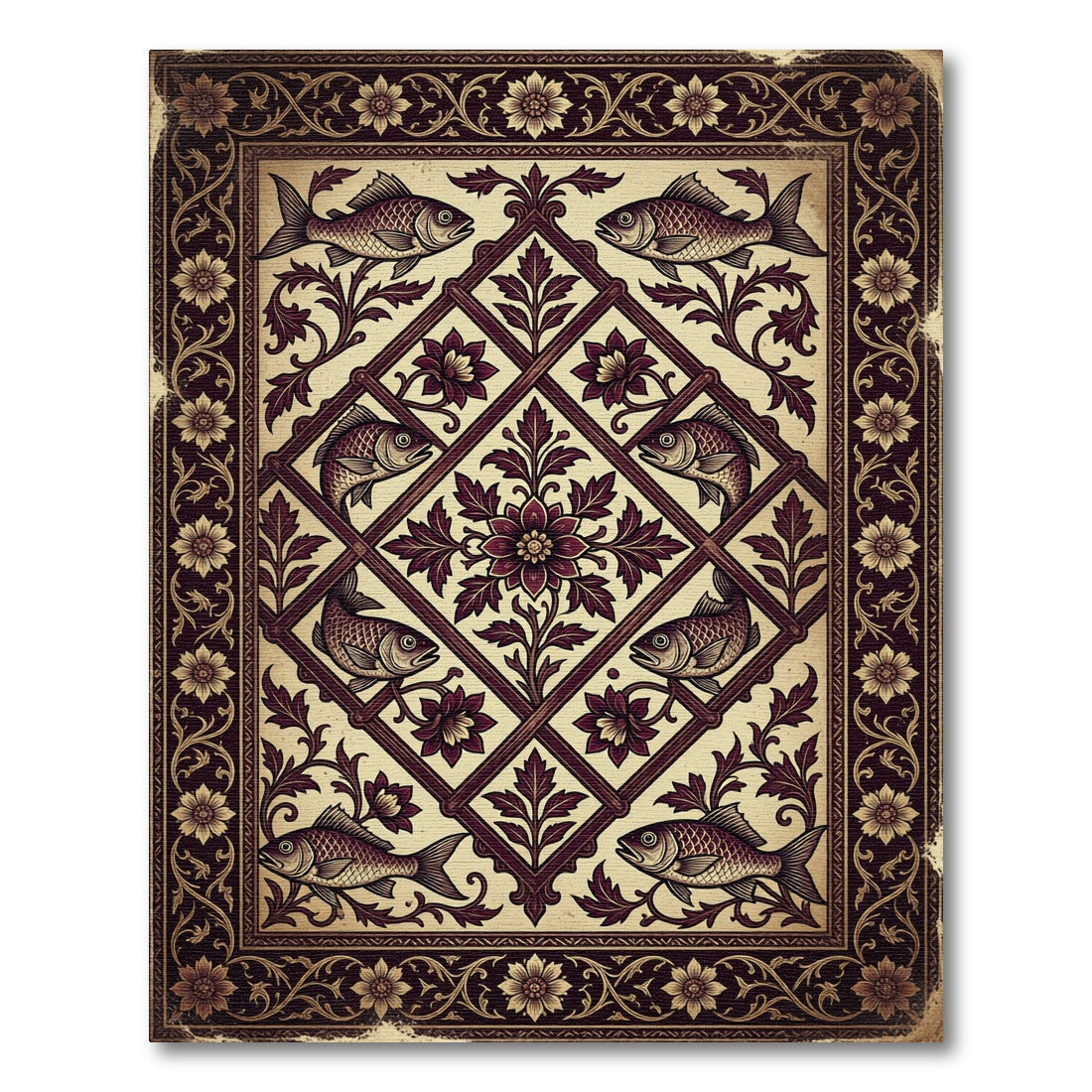 Antique Deep Burgundy Floral Fish Tile Rug