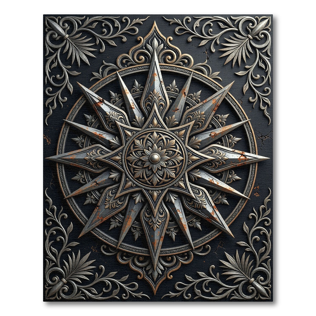 Aged Metallic Compass Star Medallion Rug
