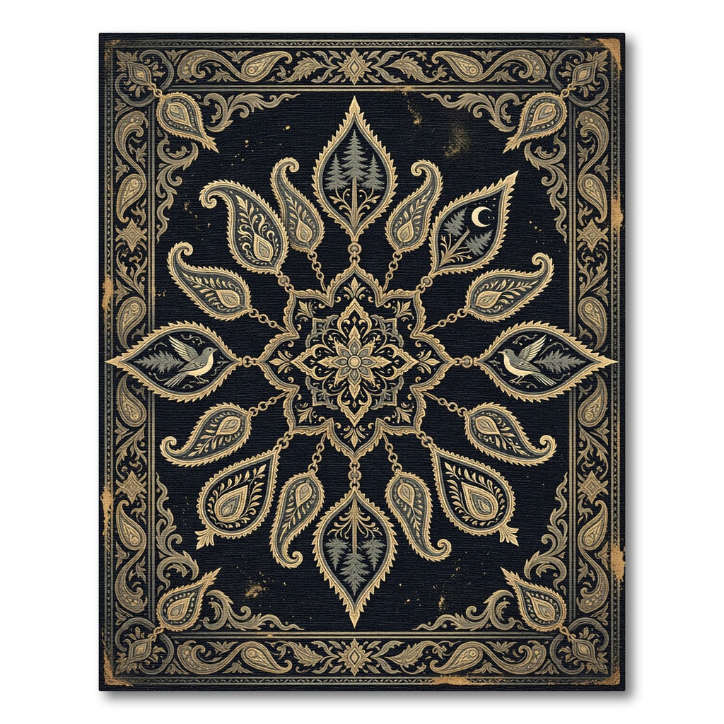 Midnight Gold Nature Paisley Medallion Rug