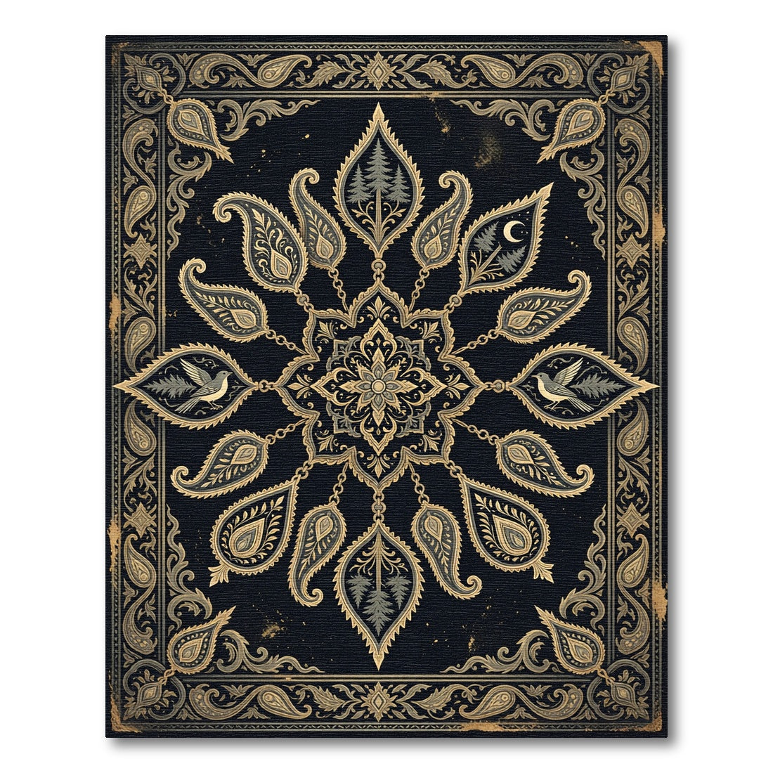 Midnight Gold Nature Paisley Medallion Rug