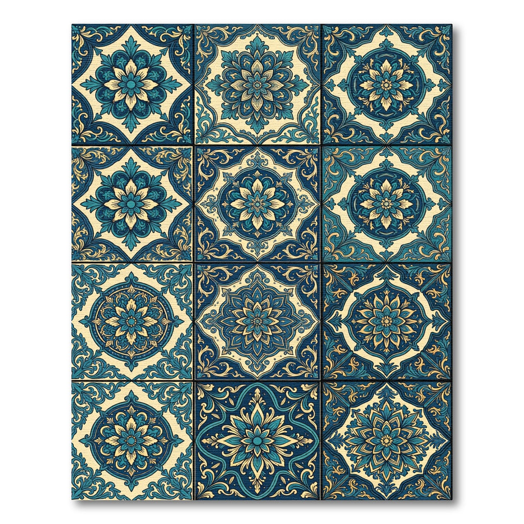 Blue Golden Floral Medallion Tiles Rug