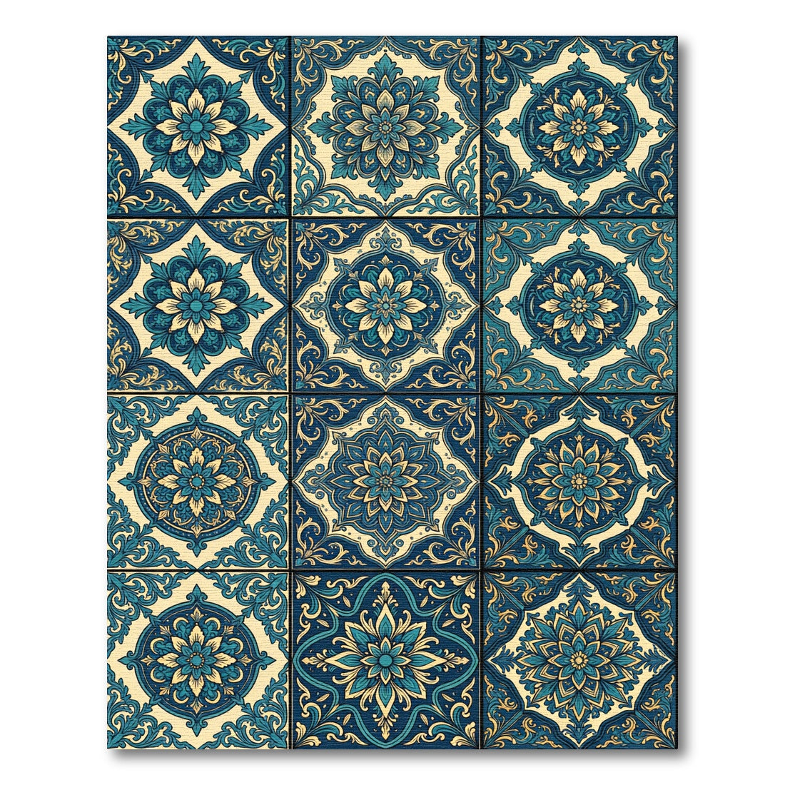 Blue Golden Floral Medallion Tiles Rug