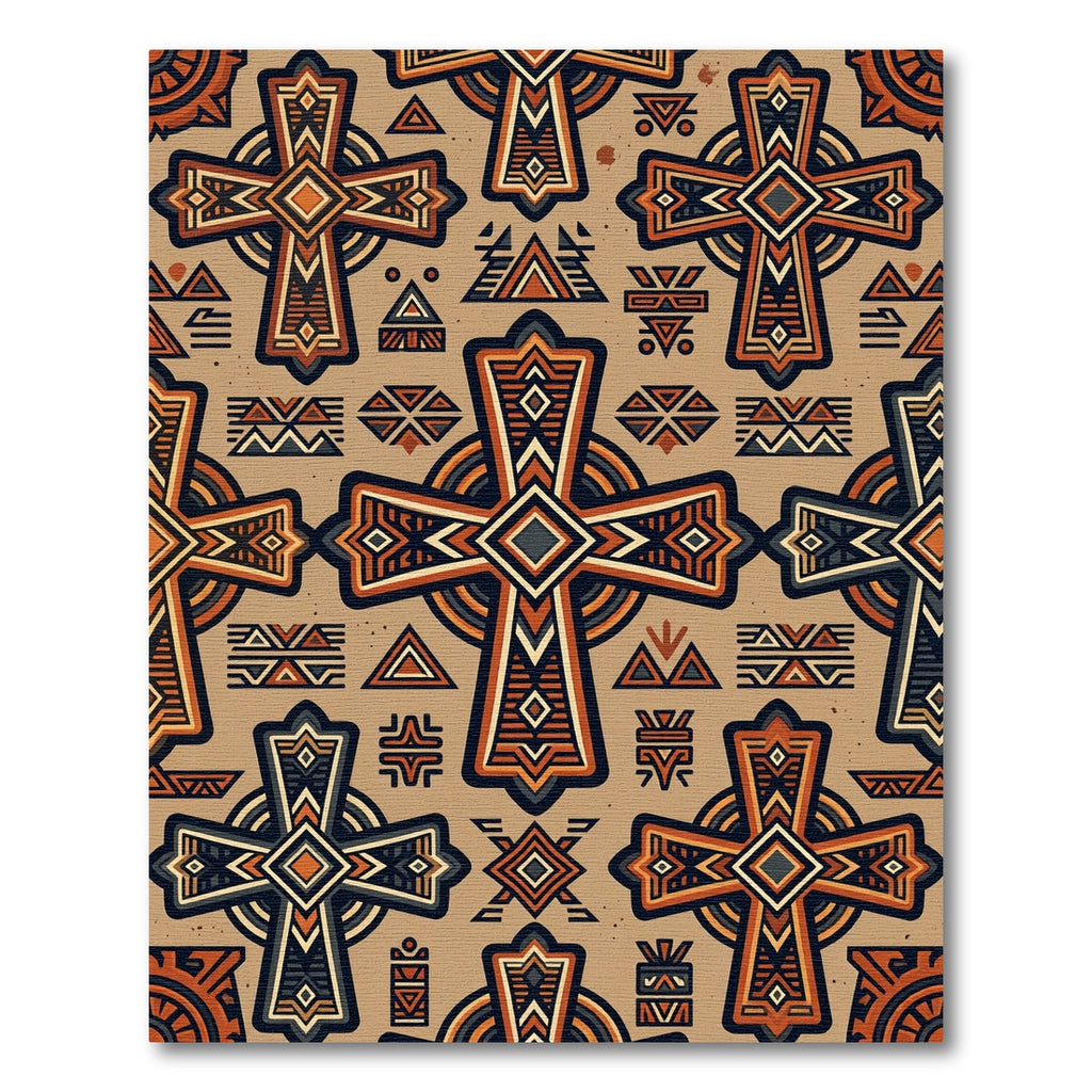 Geometric Ochre Tribal Cross Ornate Tile Rug