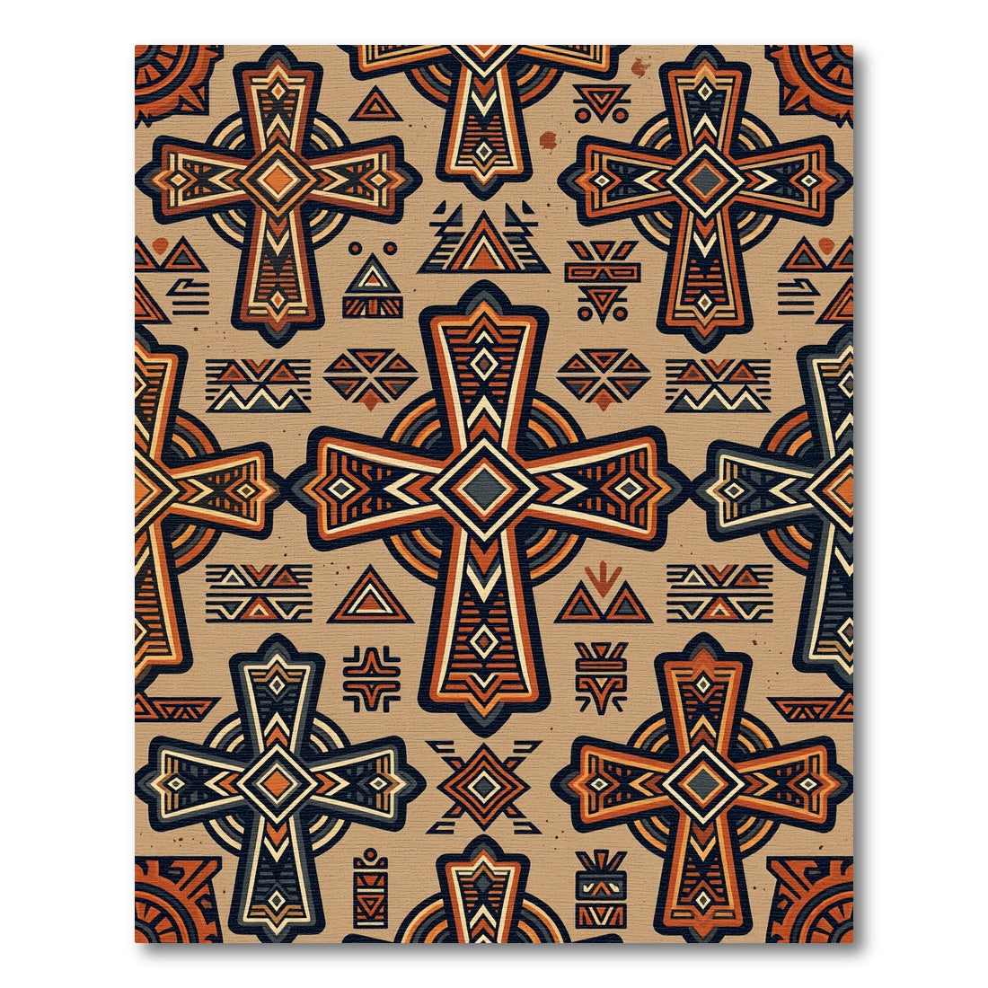 Geometric Ochre Tribal Cross Ornate Tile Rug