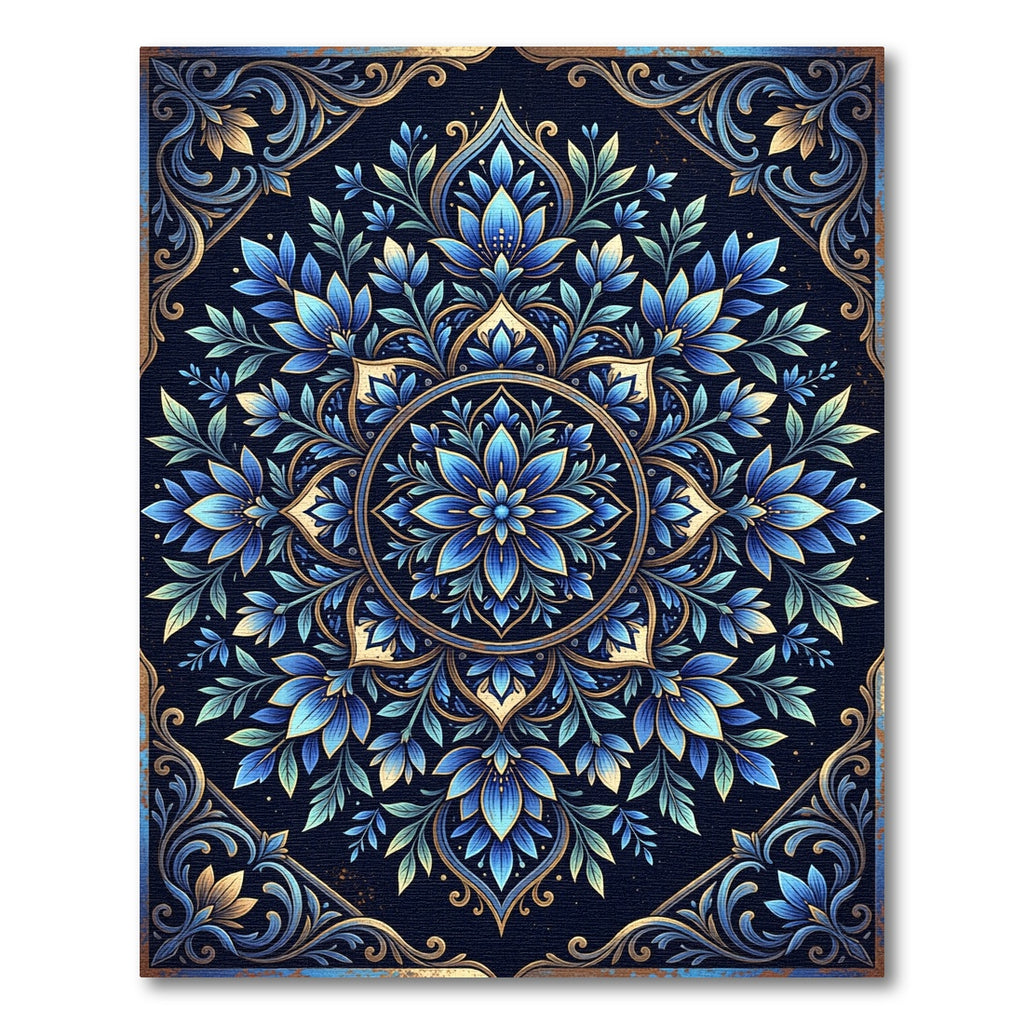 Elegant Navy Blue Floral Mandala Rug