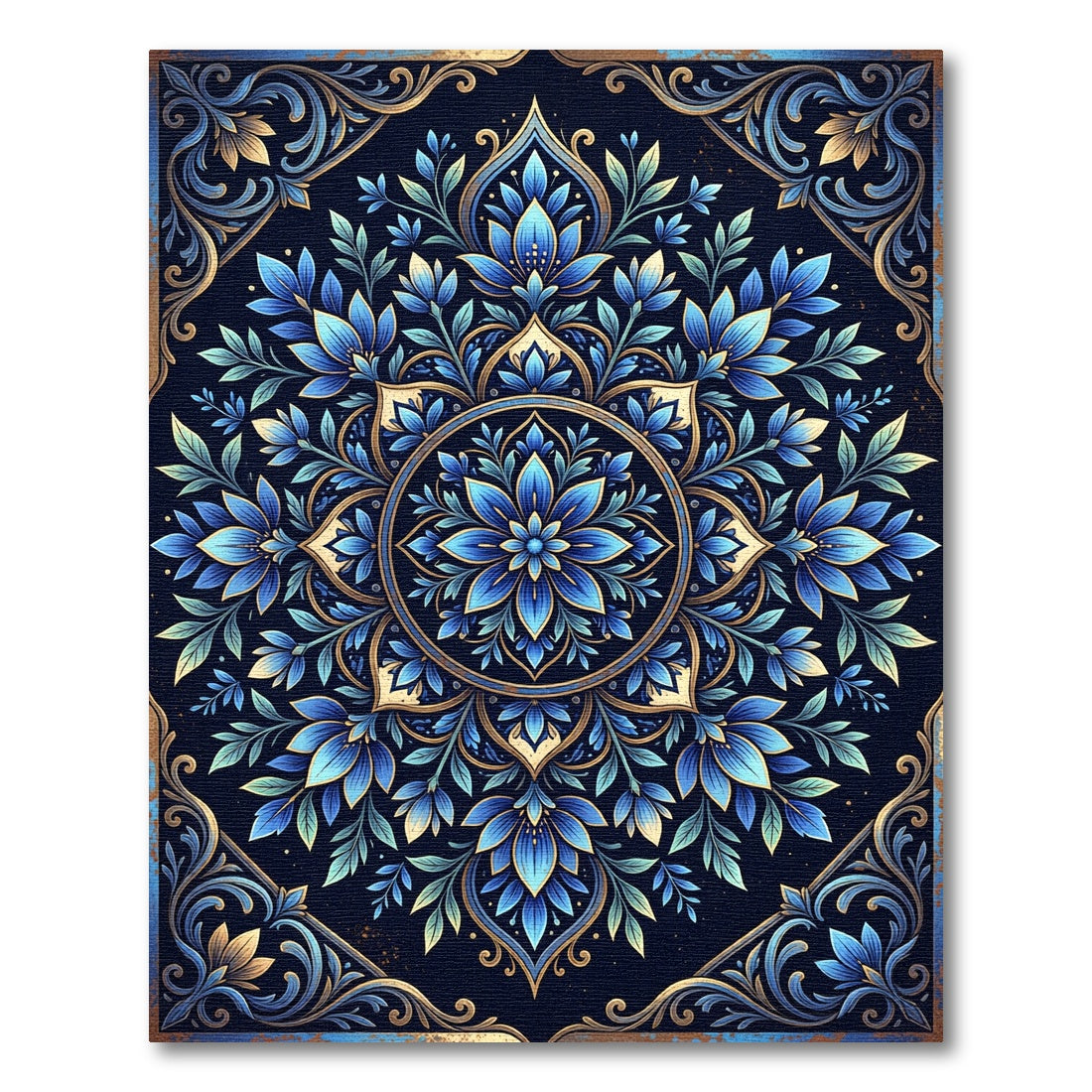 Elegant Navy Blue Floral Mandala Rug