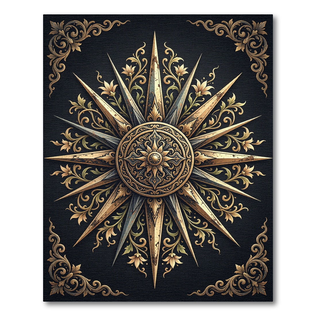 Gold Ornate Floral Compass Medallion Rug