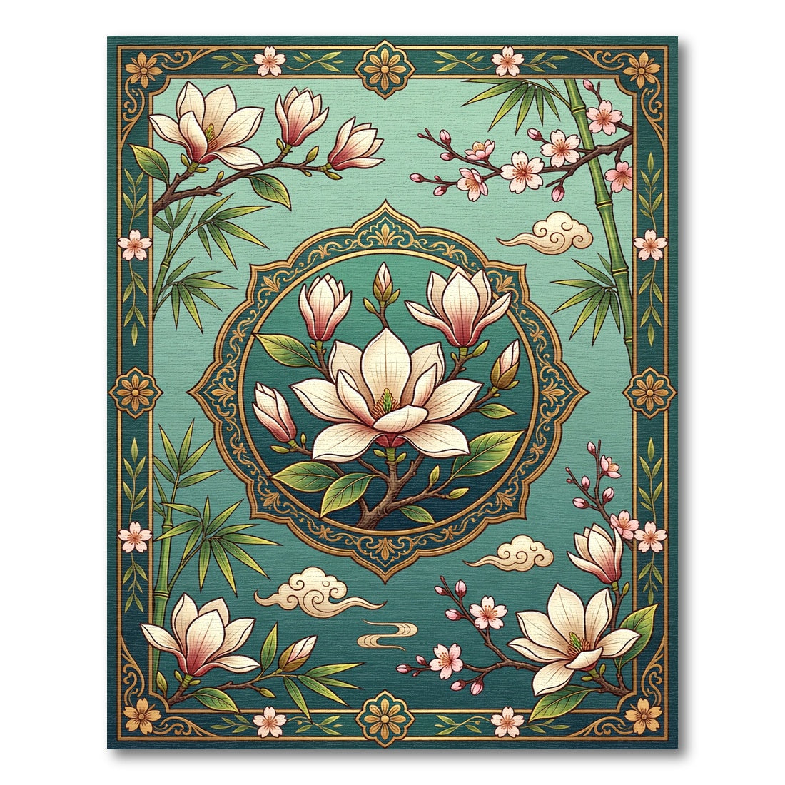 Elegant Teal Magnolia Bamboo Floral Medallion Rug