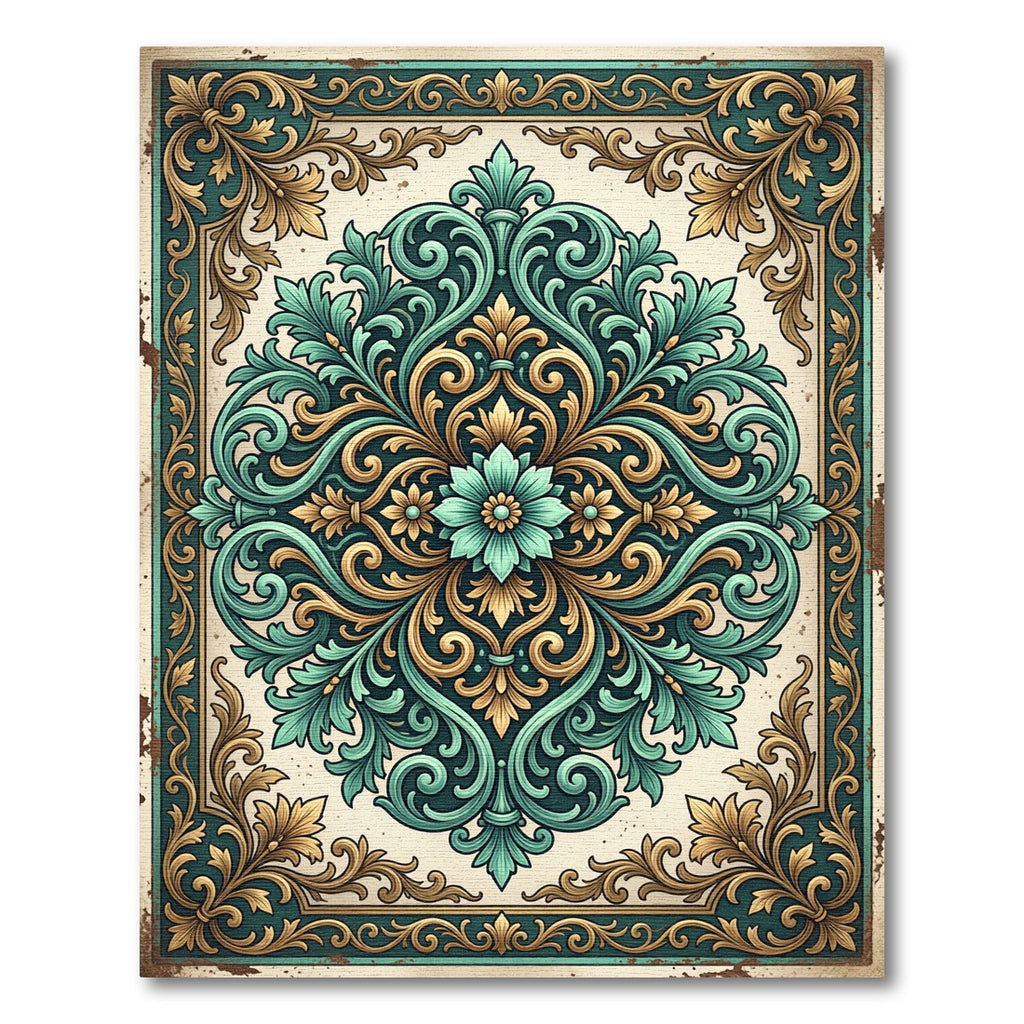 Elegant Teal and Gold Baroque Medallion Rug