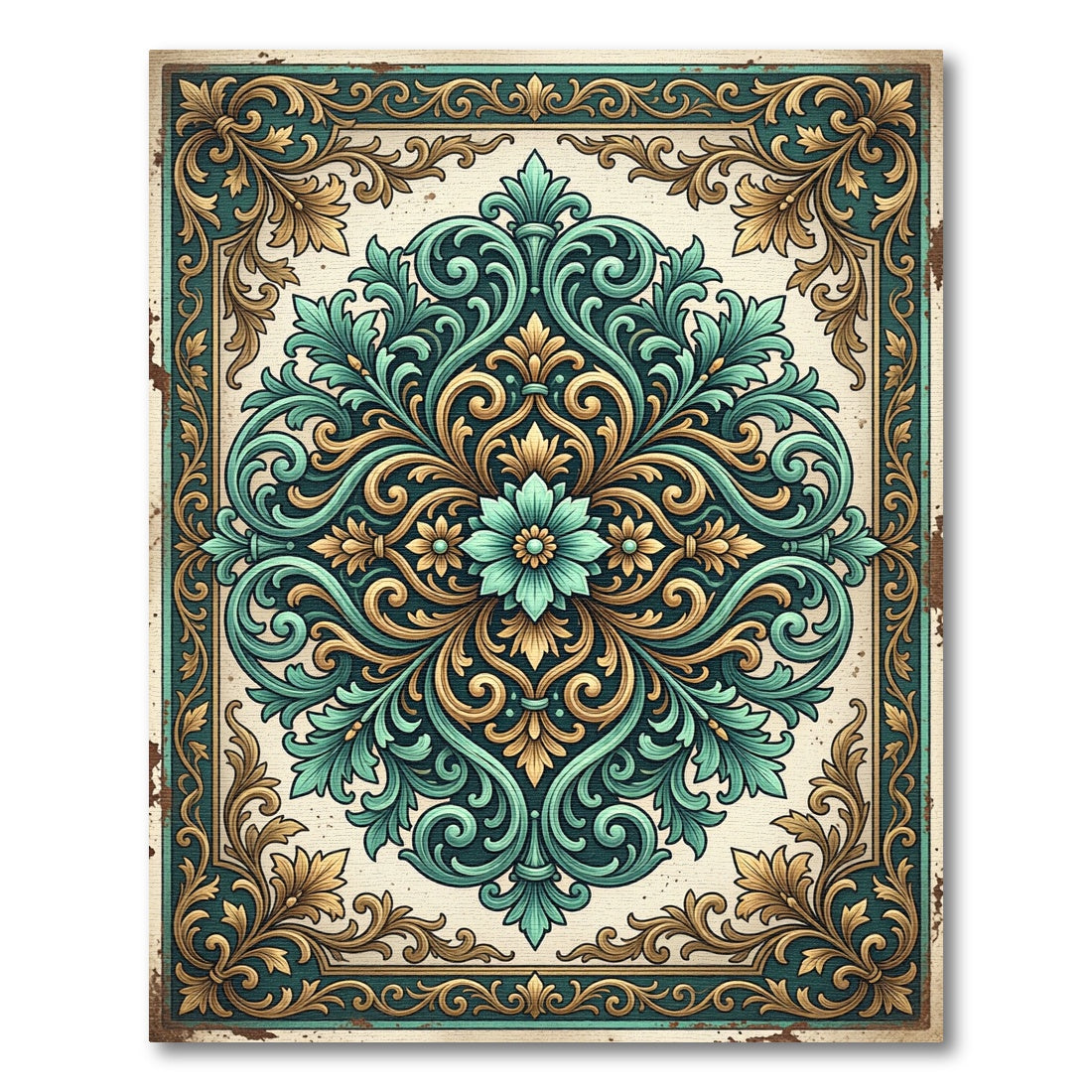 Elegant Teal and Gold Baroque Medallion Rug