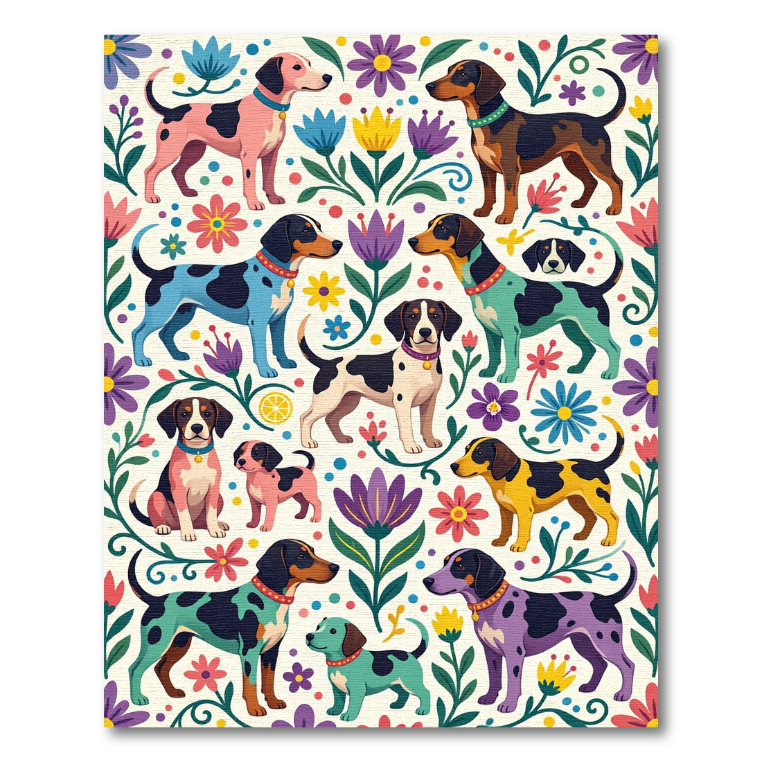Whimsical Colorful Hound and Floral Meadow Rug