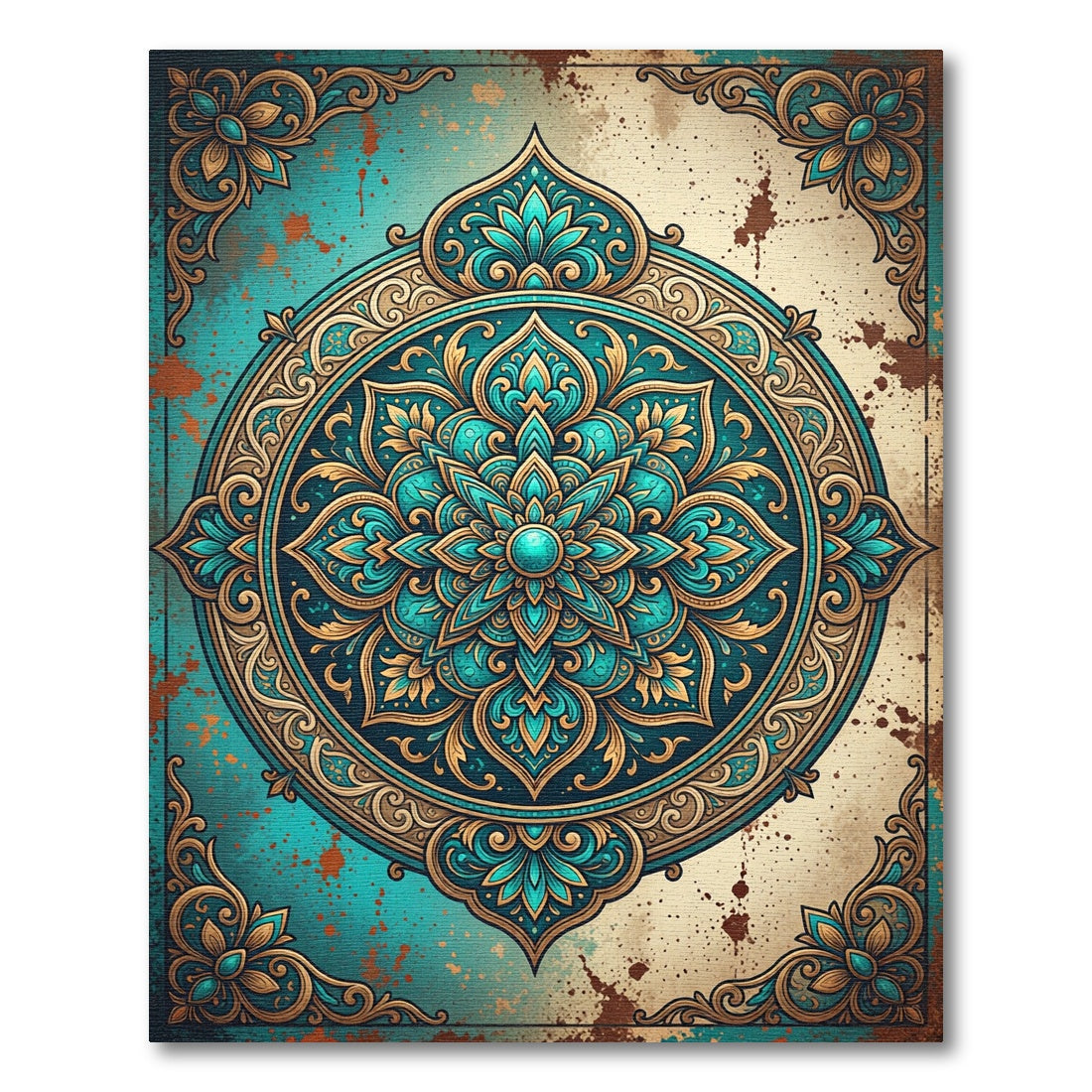 Teal and Gold Ornate Mandala Medallion Rug