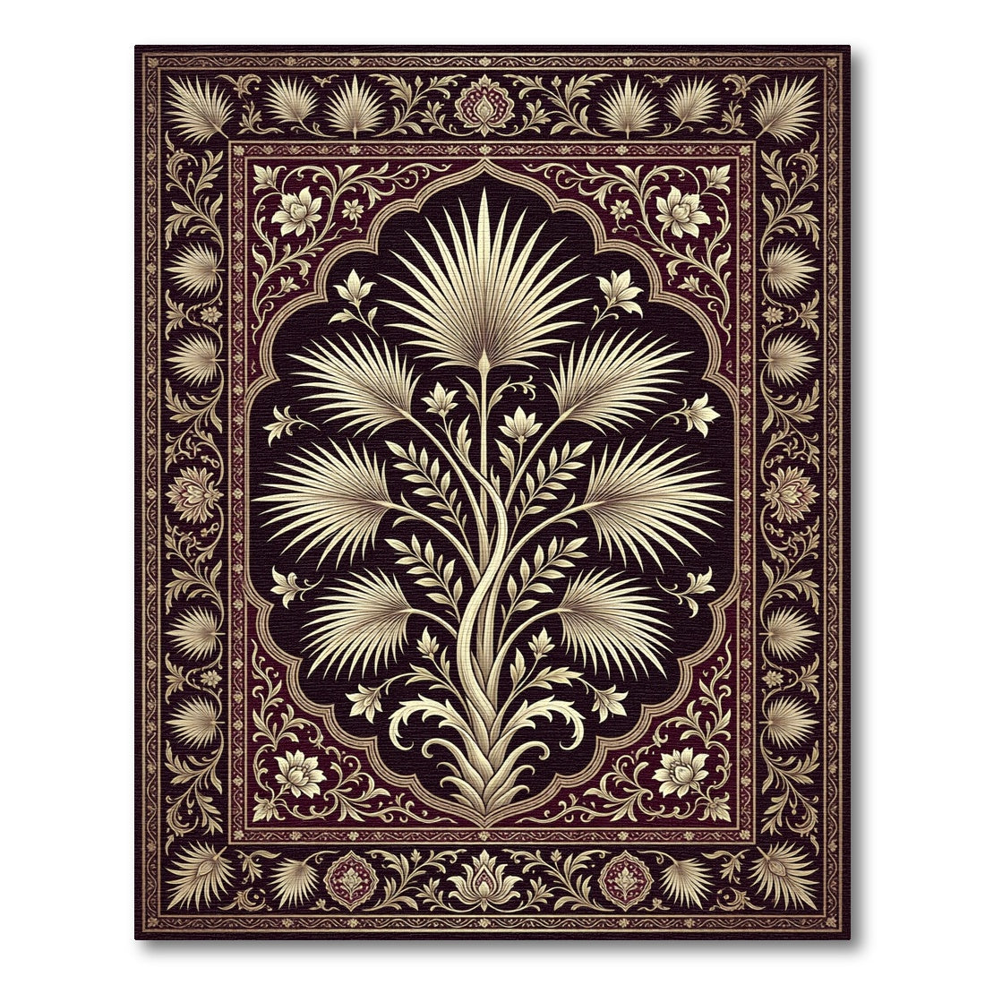 Rich Burgundy Ornate Palm Tree Garden Rug