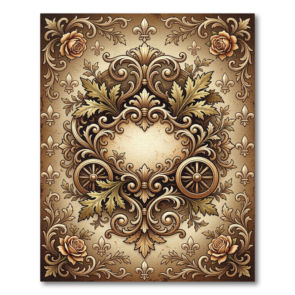 Ornate Golden Fleur-de-lis Rose Scrollwork Rug