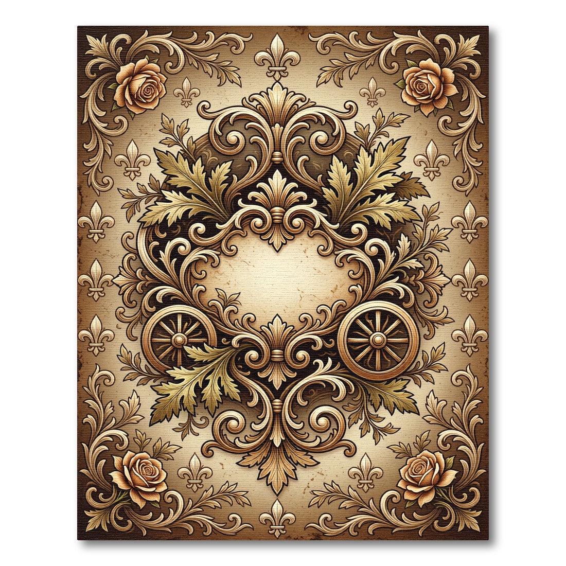 Ornate Golden Fleur-de-lis Rose Scrollwork Rug