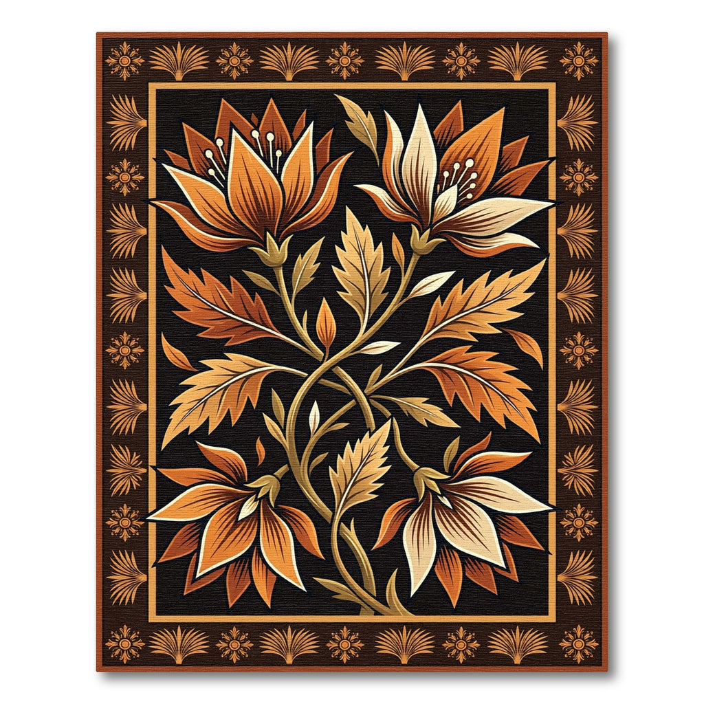 Ornate Golden Floral Scroll Wall Art Rug
