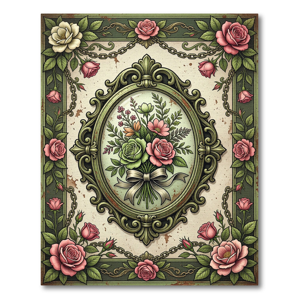 Vintage Sage Floral Rose Bouquet Rug