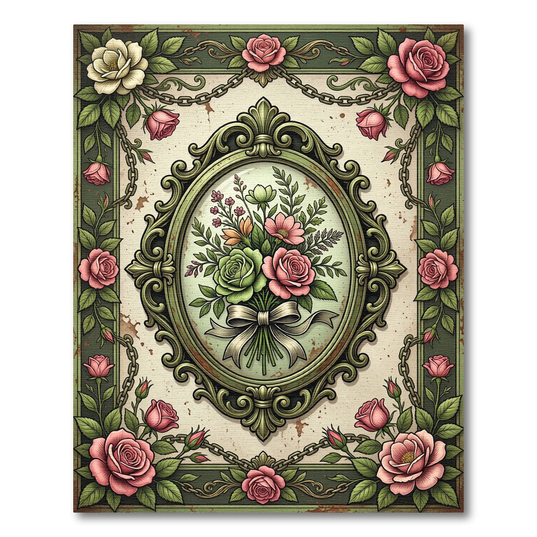 Vintage Sage Floral Rose Bouquet Rug