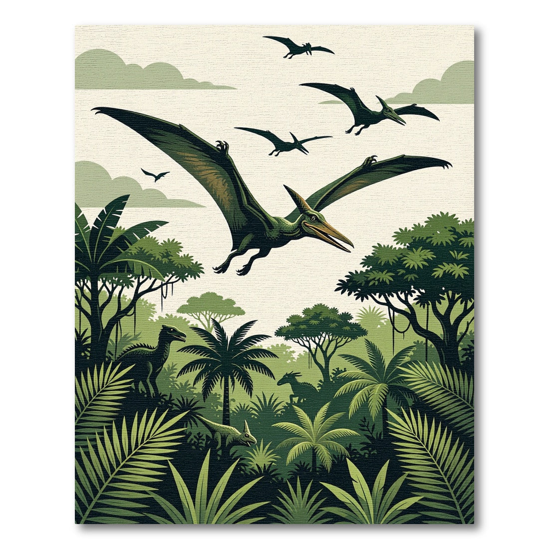 Lush Green Prehistoric Pterodactyl Jungle Landscape Rug