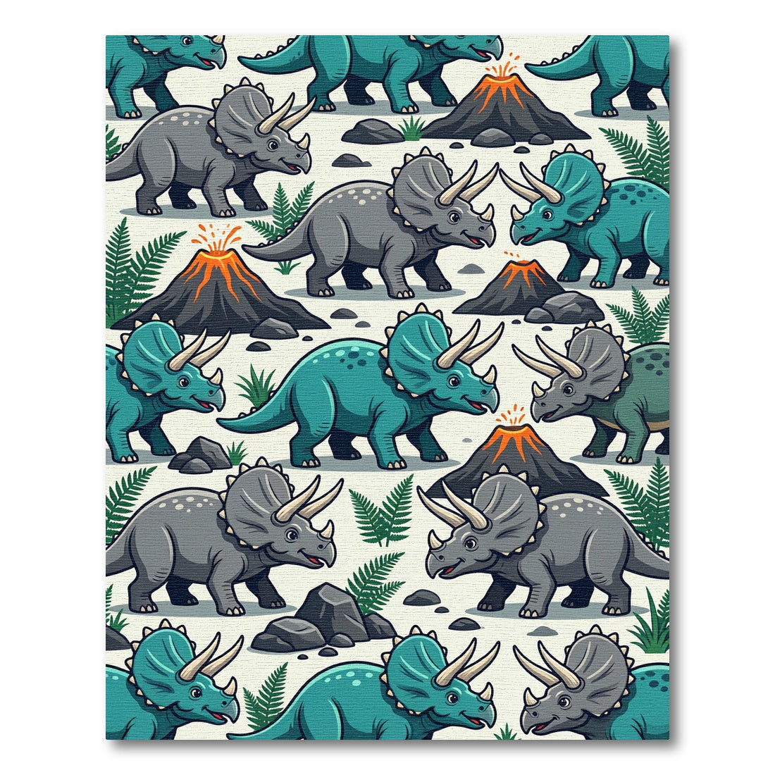 Playful Triceratops Dinosaur Volcano Jungle Scene Rug