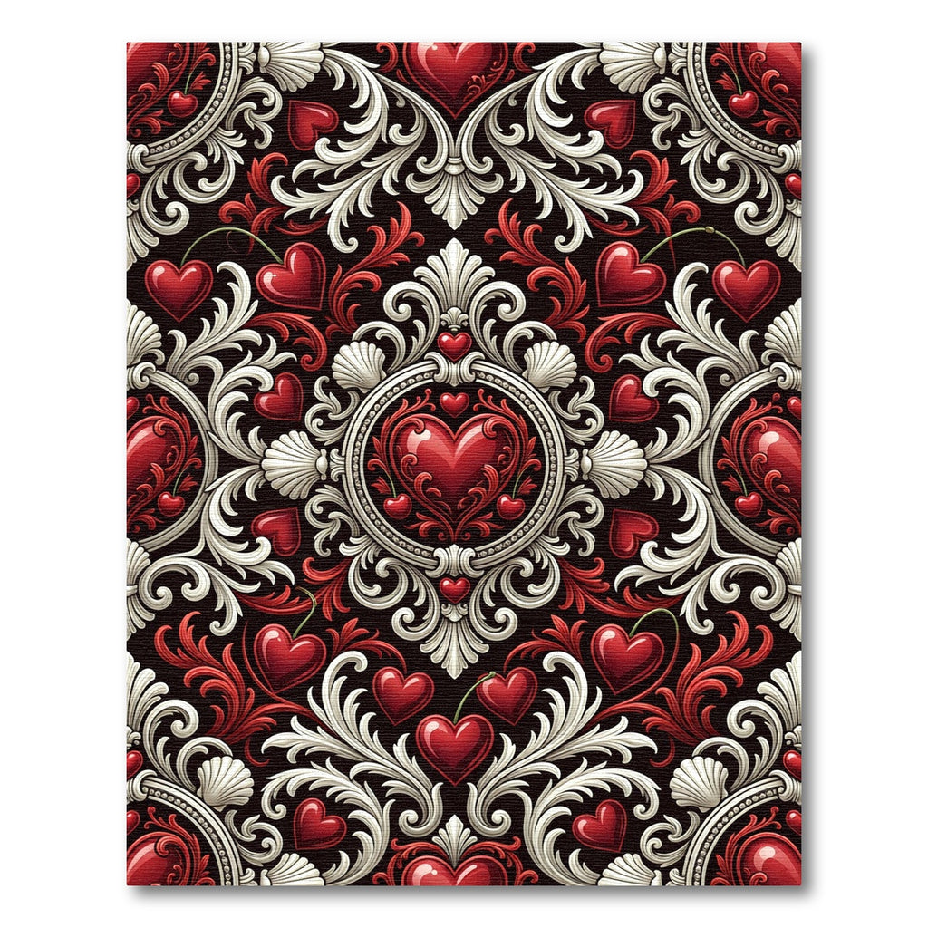 Ornate Crimson Heart Damask Swirls Rug