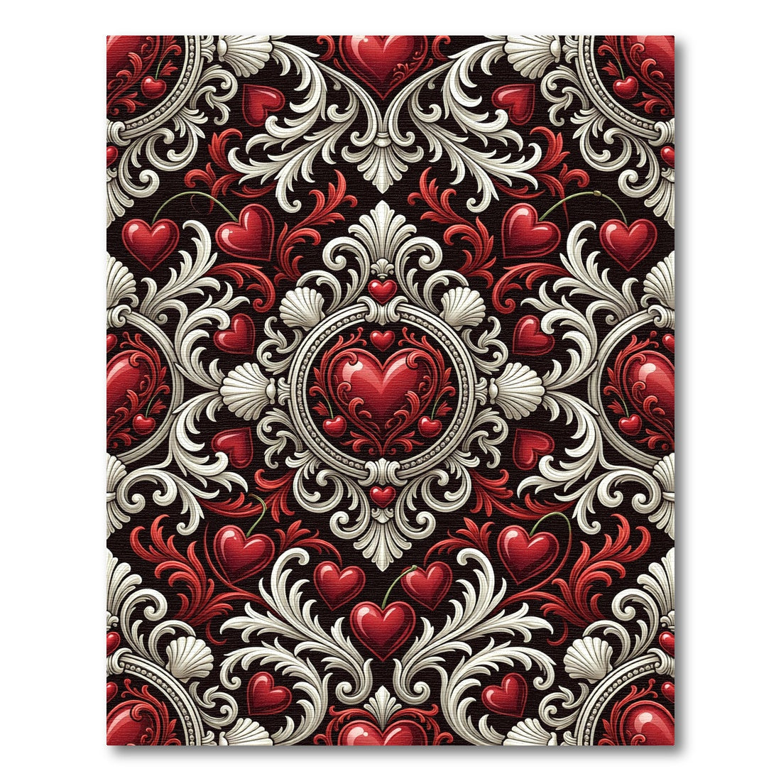 Ornate Crimson Heart Damask Swirls Rug