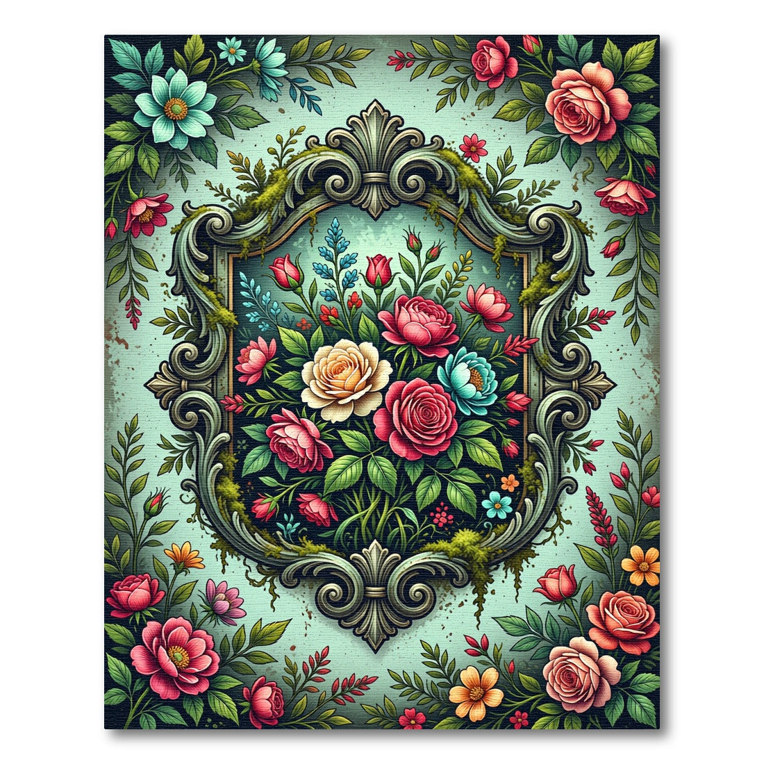 Ornate Floral Frame Vintage Garden Rug