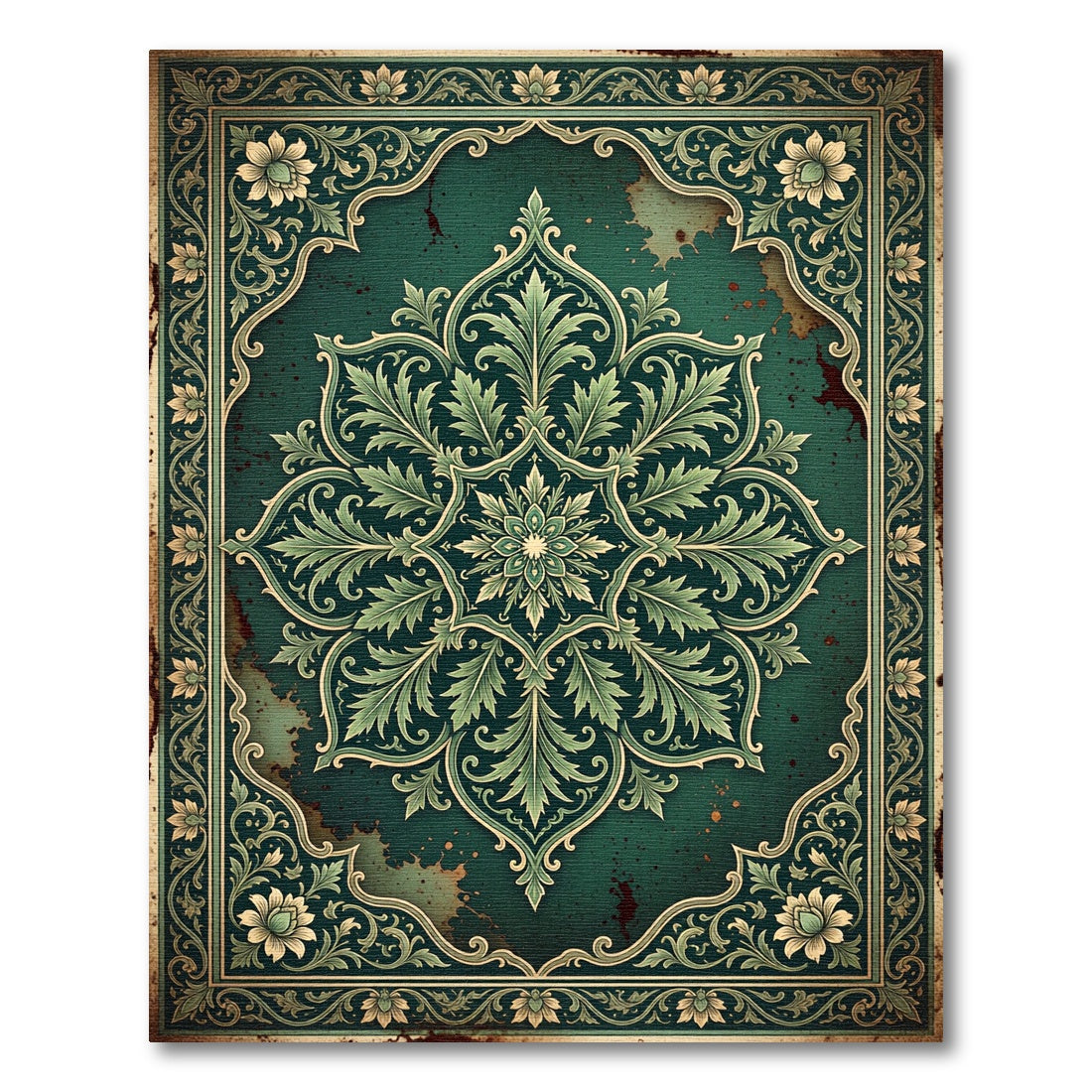 Emerald Green Floral Mandala Frame Rug