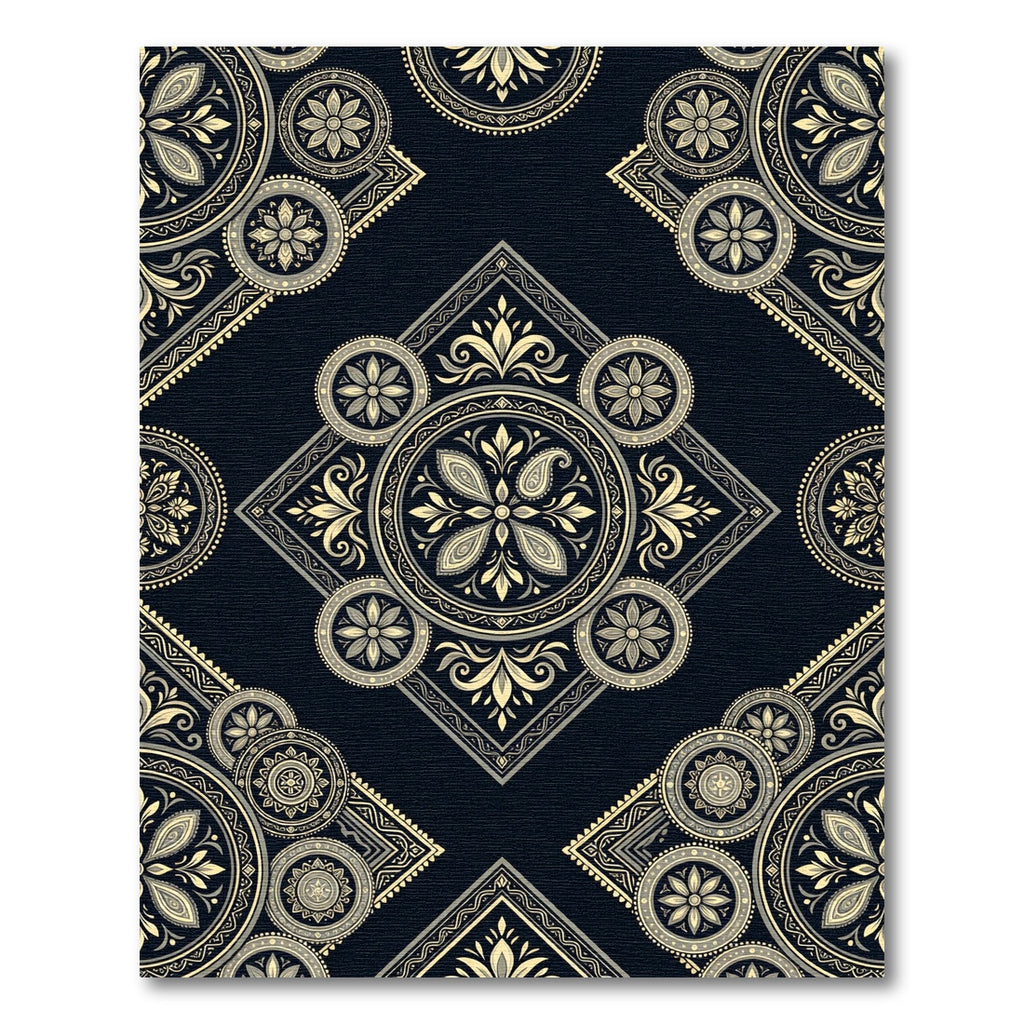 Elegant Midnight Gold Floral Mandala Rug