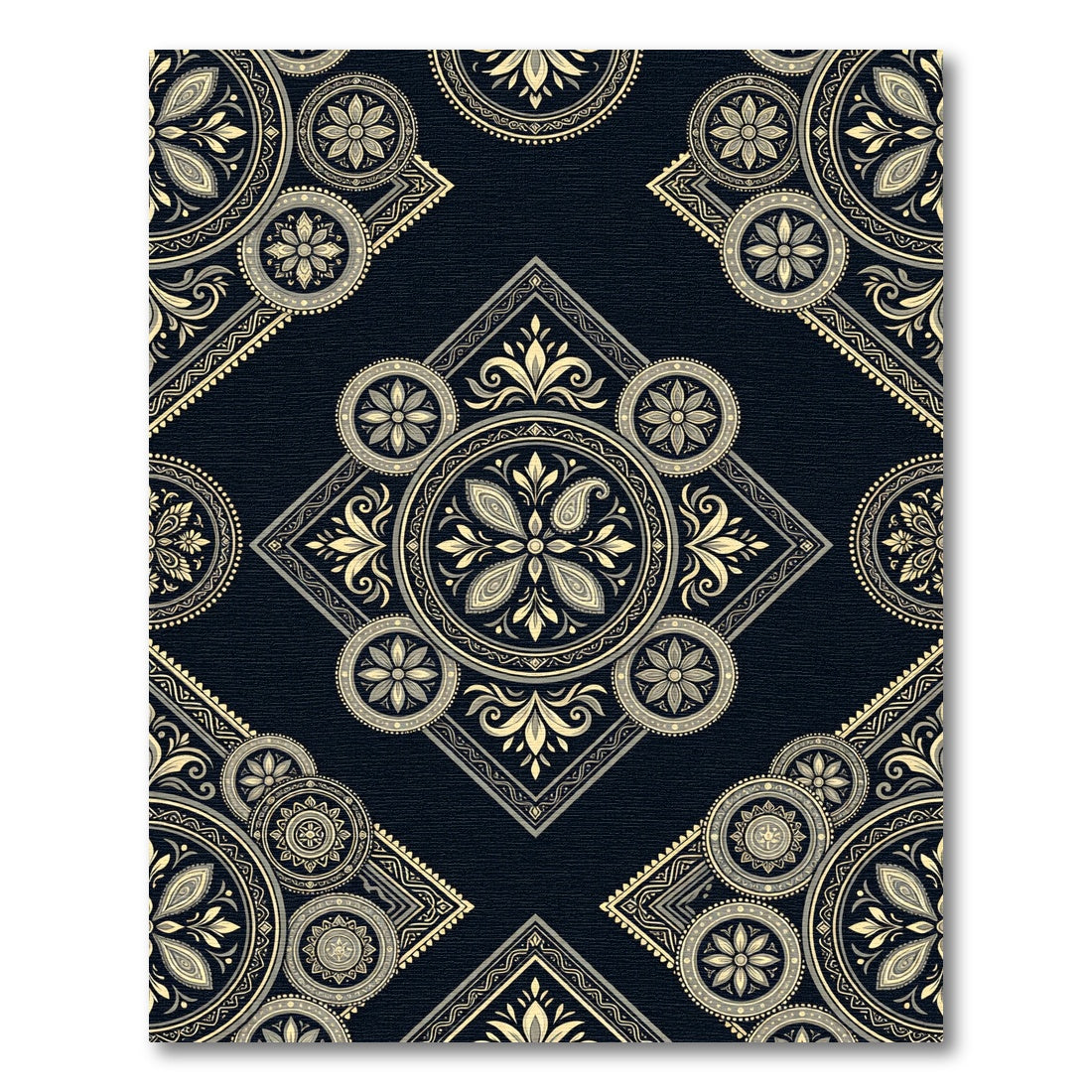 Elegant Midnight Gold Floral Mandala Rug
