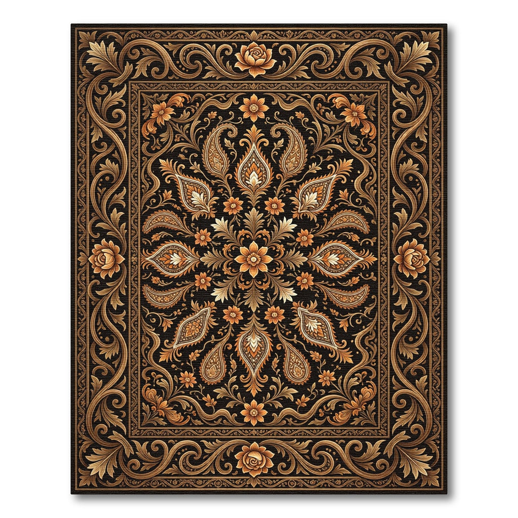 Ornate Golden Floral Paisley Medallion Rug