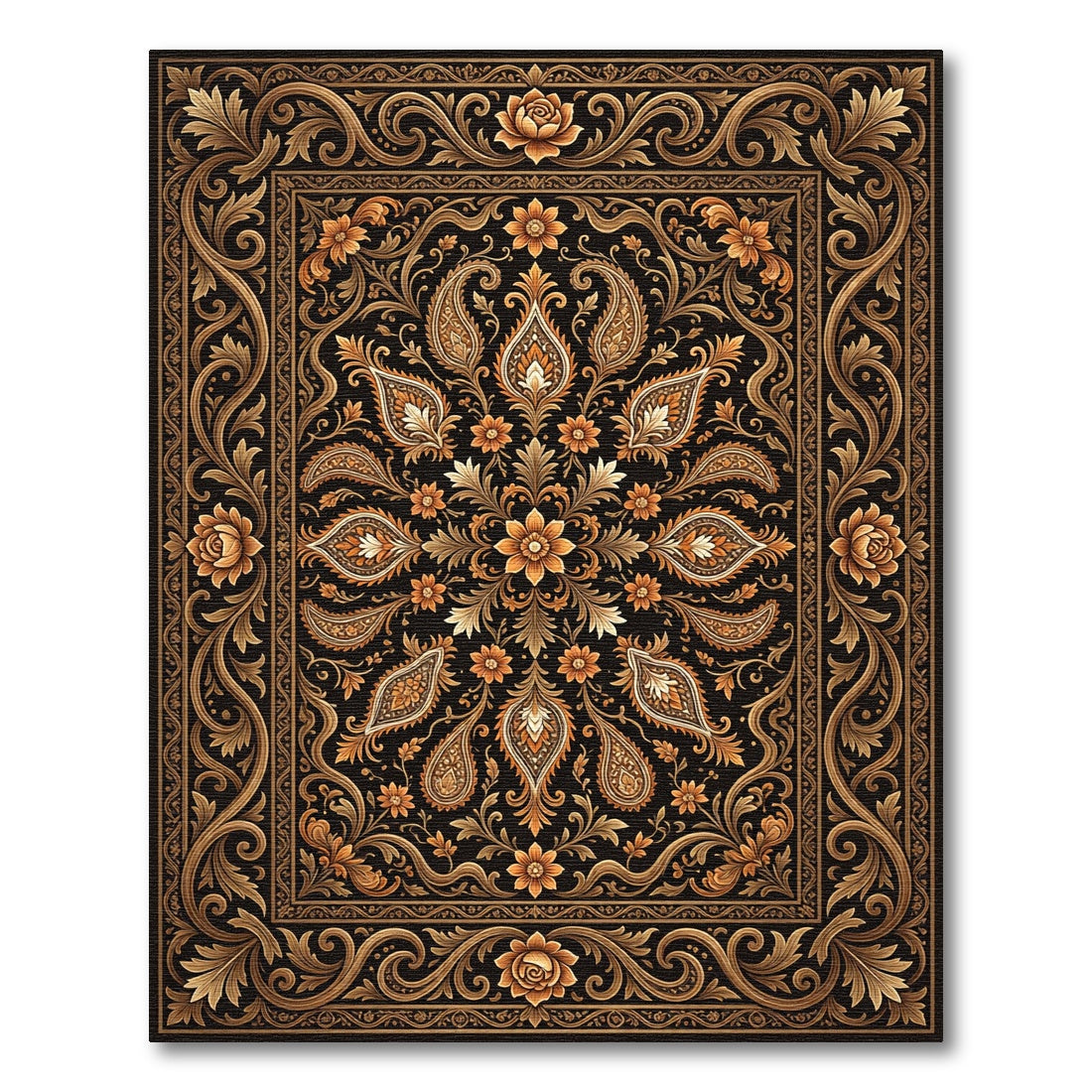 Ornate Golden Floral Paisley Medallion Rug