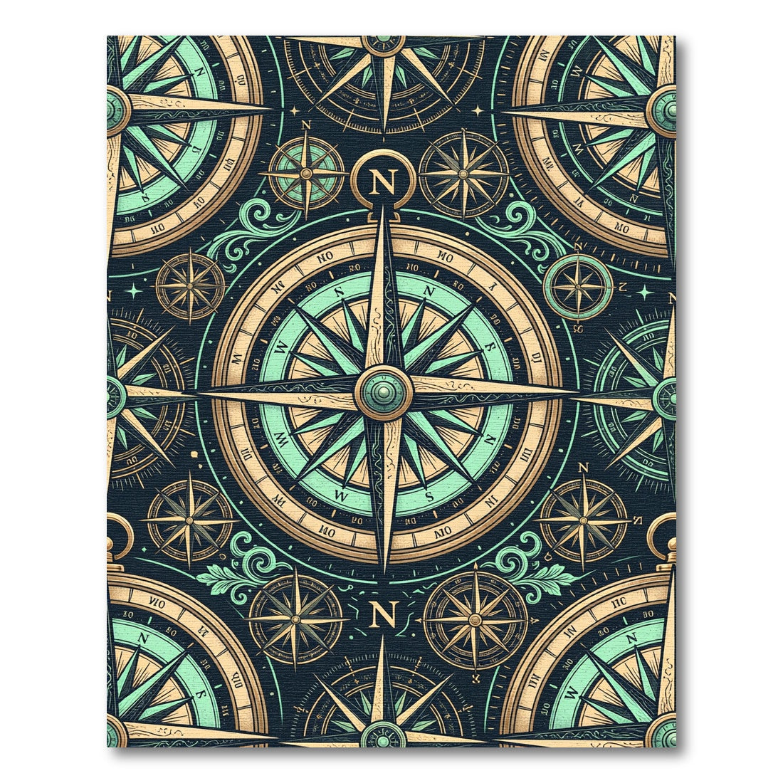 Navigational Compass Antique Gold Aqua Rug