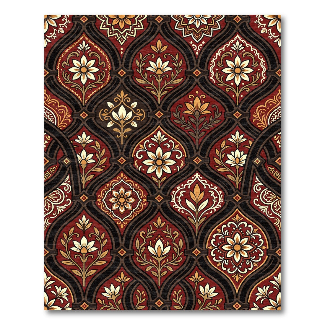 Ornate Crimson Floral Damask Scroll Rug