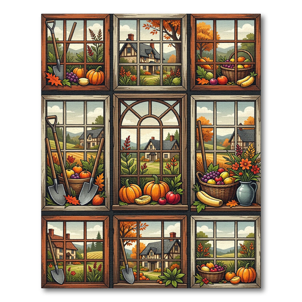 Autumn Harvest Window Landscape Grid Rug