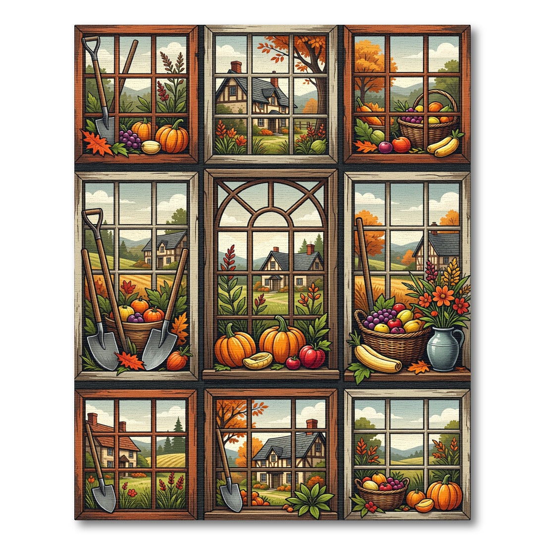 Autumn Harvest Window Landscape Grid Rug